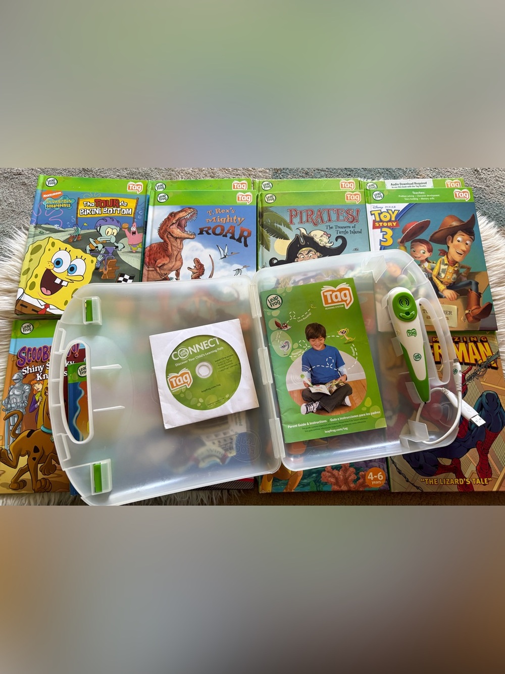 Leapfrog Tag Pen Reader 13 Books Case Cord CD Bundle Lot Reading System Learning